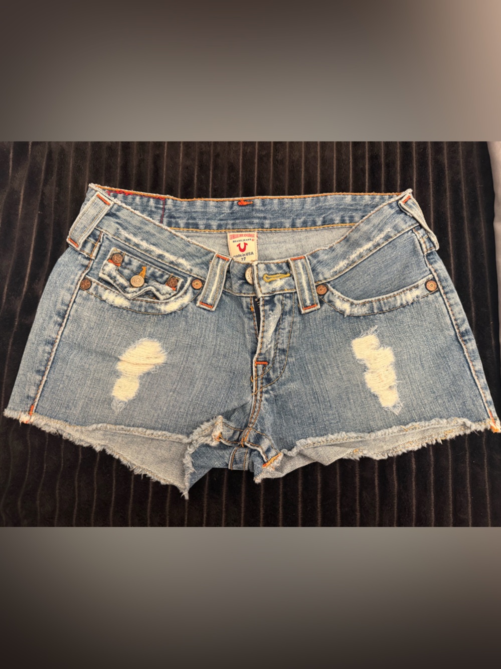 True Religion Daisy Light Blue Distressed Denim Cutoff Shorts